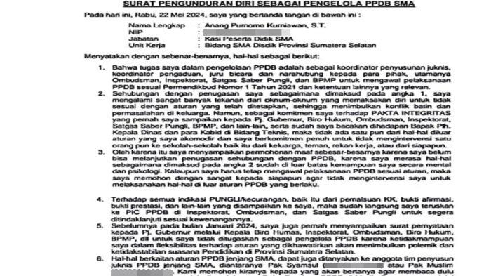 Surat pengunduran diri Anang Purnomo Kurniawan Kasi Peserta Didik SMA dari jabatan koordinator penyusunan juknis, koordinator pengaduan dan juru bicara narahubung PPDB SMA yang diduga bocor ke publik.