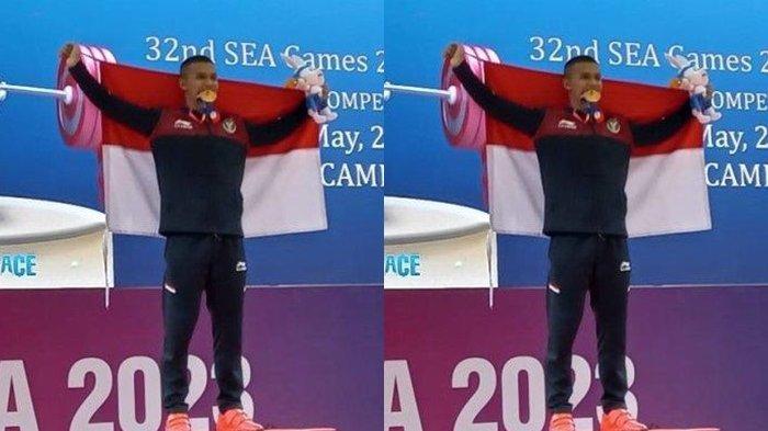 Atlet angkat besi Indonesia, Rizki Juniansyah sukses meraih medali emas pada nomor 73 kg SEA Games 2023 Kamboja, Minggu (14/5/2023).