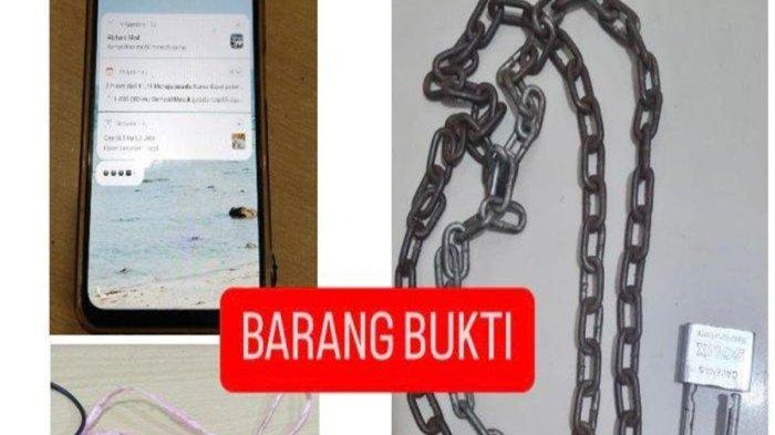 BARANG BUKTI - Barang bukti rantai besi yang digunakan sang ibu melilit tubuh anaknya di Bengkong, Batam