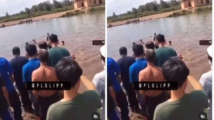 Tangkap layar rekaman instagram @plglipp detik-detik evakuasi dua pelajar tewas tenggelam di kolam retensi Perum Rimera Tin Garden Kelurahan Sukamulya Kecamatan Sematang Borang Palembang, Selasa (27/6/2023).