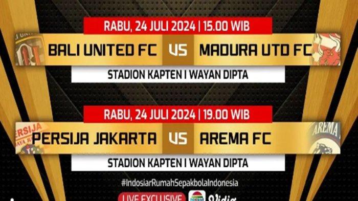 Berikut jadwal tayang acara TV pada Rabu (24/7/2024), Kick off Matchday 2 Bali United FC vs Madura Uto FC, dilanjuti Persija Jakarta vs Arema FC
