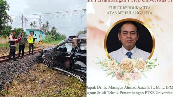 (KIRI) Kecelakaan antara kereta barang dan mobil Pajero terjadi di perlintasan Kemang Pusri, Kota Serang. Senin (17/3/2025). (KANAN) Ucapan belasungkawa atas kepergian Masagus Ahmad Azizi (54), pengemudi mobil Mitsubishi Pajero Sport yang tewas setelah ditabrak kereta barang di perlintasan Kemang Pusri, Kota Serang, Banten, pada Senin (17/3/2024) pagi.