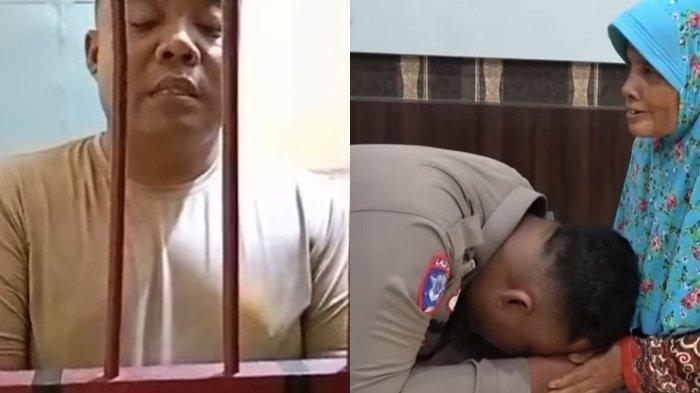 (Kiri) Bripka J saat sedang di tempat kan khusus (Patsus) di Polres Labuhanbatu. (Kanan) Bripka J bersimpuh meminta maaf kepada Nurhayati, Ibu dari ODGJ bernama Evi yang ia tendang kepalanya. Bripka J menendang Evi lantaran kesal motornya tiba tiba dibakar Evi.