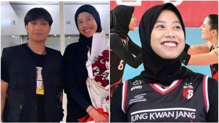 MEGAWATI HANGESTRI MENIKAH - Dio Novandra (kiri) yang merupakan kekasih Megawati Hangestri Pertiwi (kanan) saat menyambut kedatangan sang pevoli dari Korea Selatan.