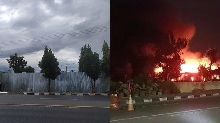 Pagar seng sudah terpasang di depan Rumah Dinas Dansat Brimob Polda Sumsel yang mengalami kebakaran, Senin (24/7/2023) subuh.