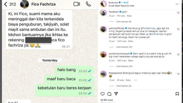 Fico Fachriza diduga menipu sejumlah artis dengan modus meminjam uang dengan alasan ayahnya meninggal dunia.