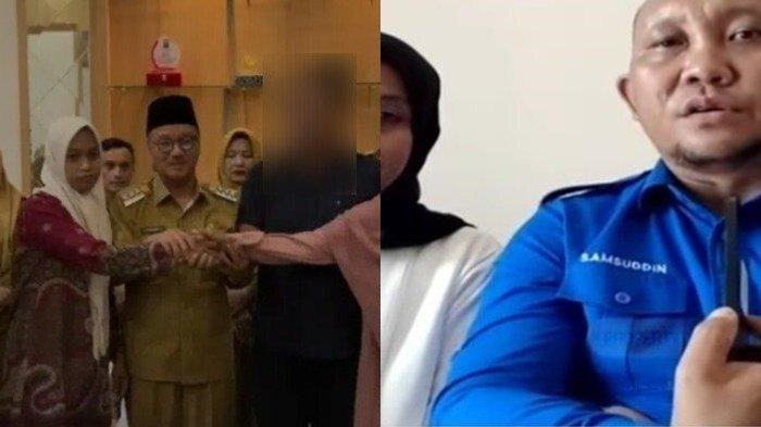 (kiri) Guru Supriyani dan orang tua murid, Aipda Wibowo Hasyim melakukan pertemuan damai yang difasilitasi oleh Bupati Konsel Surunuddin Dangga, (kanan) Samsudin, kuasa hukum Supriyani dipecat.