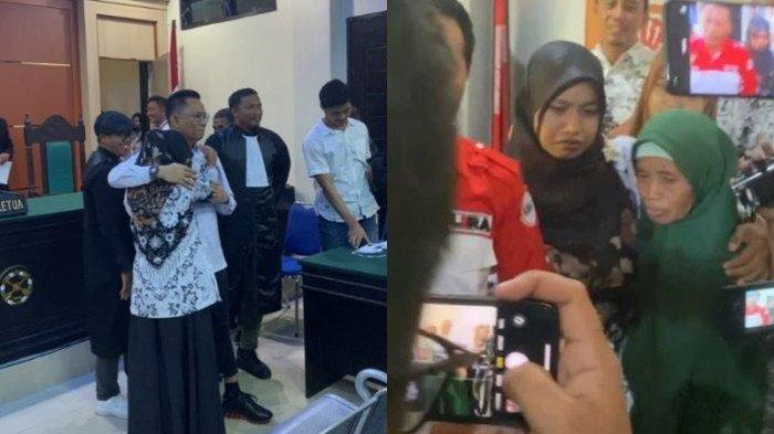 Guru Supriyani tak kuasa terbendung usai vonis bebas di Pengadilan Negeri atau PN Andoolo, Konawe Selatan, Sulawesi Tenggara, Senin (25/11/2024).
