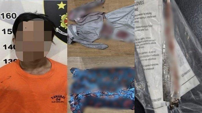 PELAKU TIKAM ANAK MAJIKAN - HA (23) pelaku penganiayaan terhadap dua remaja perempuan di Tanahbumbu saat diamankan polisi. (Kanan) barang bukti baju dan senjata tajam yang digunakan pelaku untuk melukai korban,