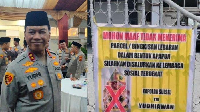 TOLAK PARCEL LEBARAN - Kapolda Sulsel Irjen Pol Yudhiawan di sela acara buka puasa bersama di rumah jabatan Kapolda Sulsel, Jl Andi Mappaodang, Kecamatan Tamalate, Makassar, Kamis (13/2/2025). Irjen Pol Yudhiawan memasang spanduk tolak Parcel Lebaran di pagar rumah jabatan