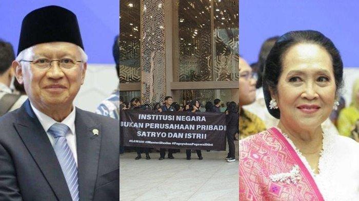 Menteri Pendidikan Tinggi, Sains, dan Teknologi (Mendikti Saintek) Prof. Satryo Soemantri Brodjonegoro dan istri, Silvia Ratnawati disorot di tengah para pegawainya menggelar aksi demonstrasi.