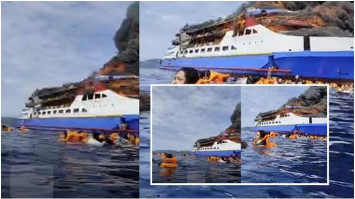 KAPAL TERBAKAR - KM Barcelona VA dengan rute Talaud-Manado terbakar di perairan Talise, Kecamatan Likupang Barat, Minahasa Utara, Sulawesi Utara (Sulut), Minggu (20/7/2025).