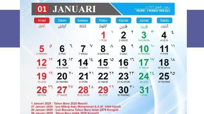 Kalender Januari 2025 Lengkap dengan Hari Penting dan Pasaran Jawa, Tanggal 1 Januari Weton Apa?