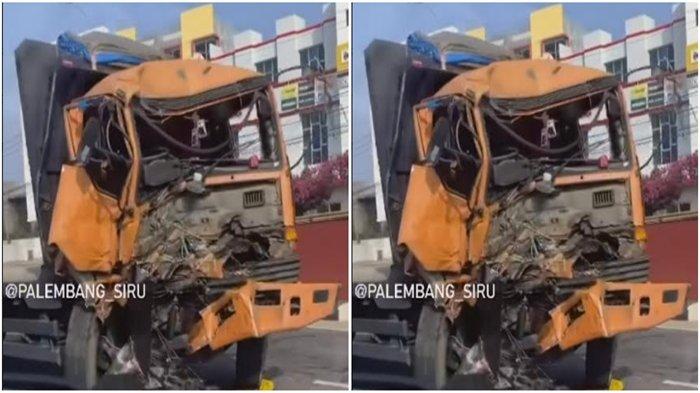Kecelakaan lalu lintas terjadi di underpass Simpang Patal Palembang, Jumat (17/11/2023). Truk fuso rusak parah usai menghantam truk tangki.