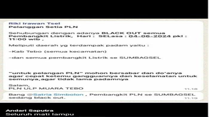 Pesan Berantai WhatsApp Listrik Padam di Sumsel