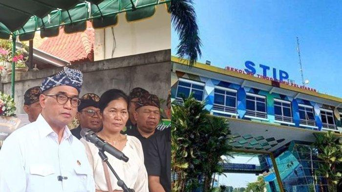 (kiri) Menteri Perhubungan Budi Karya Sumadi saat melayat ke rumah duka, taruna tingkat I Sekolah Tinggi Ilmu Pelayaran (STIP) Jakarta, Putu Satria Ananta Rastika (19), di Desa Gunaksa, Kecamatan Dawan, Kabupaten Klungkung, Bali, pada Kamis (9/5/2024). (kanan) Sekolah Tinggi Ilmu Pelayaran (STIP) Jakarta.
