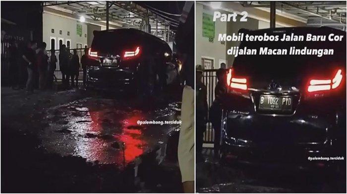 Mobil Alphard nomor plat B 1092 PYD nekat menerobos jalan yang masih basah sedang dicor oleh pemborong di Jalan Macan Lindungan Palembang.