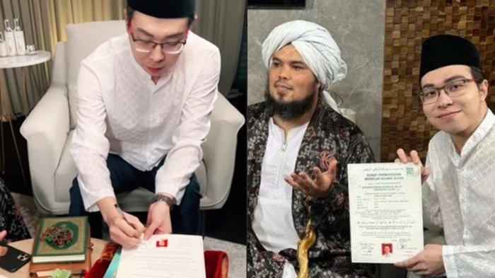 RICHARD LEE RESMI MUALAF - Momen Richard Lee menandatangai berkas mualaf yang disaksikan langsung oleh Ustadz Derry Sulaiman dan Ustadz Felix Siauw, Rabu (5/3/2025)
