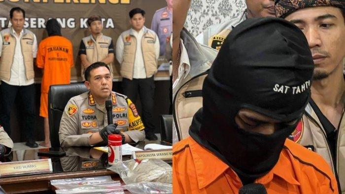 PELAKU MUTILASI PACAR- (kiri) Kapolresta Serang Kota Kombes Pol Yudha Satria saat konferensi pers pengungkapan kasus mutilasi di Kecamatan Gunung Sari, Kabupaten Serang, Senin, (21/4/2025). Mulyana (23 )bunuh hingga dengan sadis mutilasi kekasihnya berinisial SA (19), ternyata berprofesi sebagai tukang jagal di tempat pemotongan ayam.