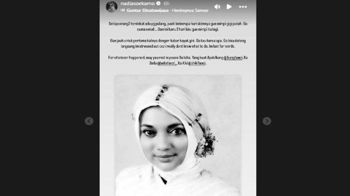 Nadia Soekarno mengungkapkan firasatnya sebelum Marissa Haque meninggal dunia pada Rabu dini hari tadi, 2 Oktober 2024, sekitar pukul 02.00 WIB.