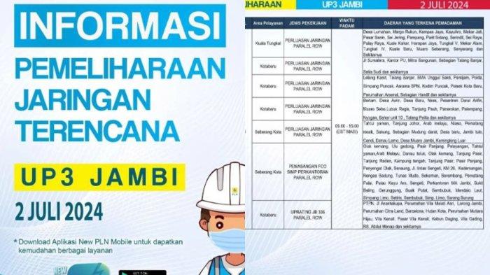 PLN akan melakukan kegiatan pemeliharaan jaringan terencana di sejumlah wilayah di Jambi pada Selasa (2/7/2024).