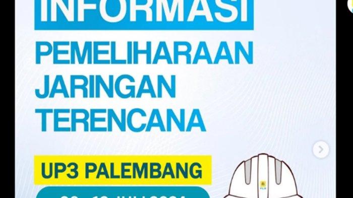 PT PLN (Persero) kembali menginformasikan akan melakukan pemadaman di sejumlah wilayah Palembang selama periode 8-12 Juli 2024.