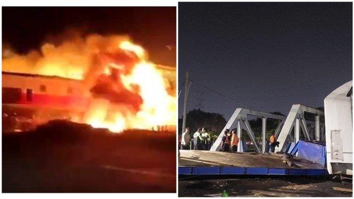 Penampakan kereta api dan truk trailer yang terlibat kecelakaan di Kota Semarang, Jawa Tengah pada Selasa (18/7/2023) malam.