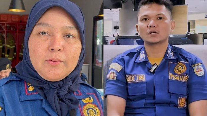 Plt Kepala Bidang Pengendalian Operasional Kebakaran dan Penyelamatan, Tesy Haryanti (kiri) di Kantor Dinas Damkar Depok, Selasa (7/1/2025), Sandi Butar Butar (kanan)