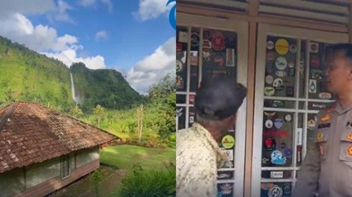 Rumah Abah Jajang tertutup banyak stiker pengunjung hingga membuat pemandangan 'surga' curug Citambur tak terlihat lagi dari dalam rumah.