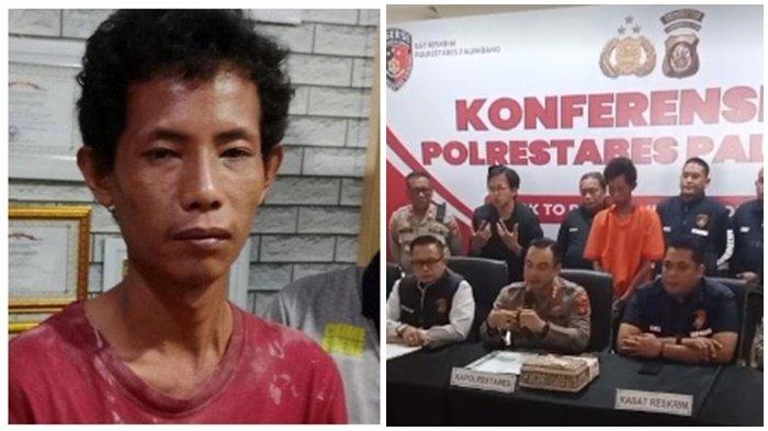 Polda Sumsel dan Polrestabes Palembang menggelar rilis tersangka Suganda yang sudah membunuh ibu dan anak di Macan Lindungan Palembang, Selasa (17/4/2024).