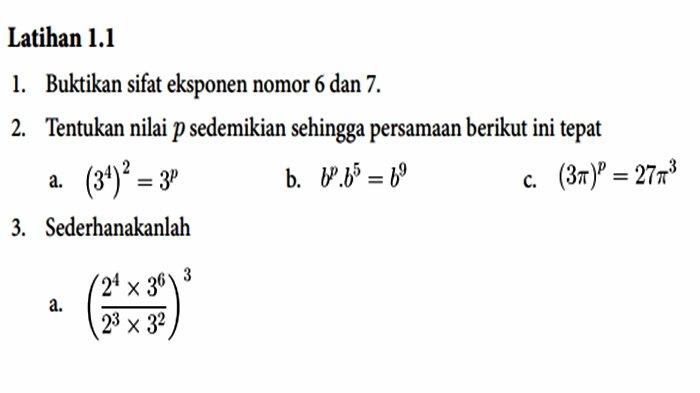 Soal Latihan 1.1 dari Bab 1 Eksponen dan Logaritma nomor 1, 2 dan 3.