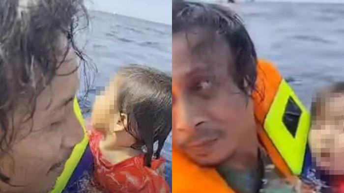 SELAMATKAN - Sosok Abdul Rahman Agu saat menyelamatkan balita dalam peristiwa kebakaran KM Barcelona VA di perairan Talise, Minahasa Utara (Minut), Sulawesi Utara (Sulut), Minggu (20/7/2025).