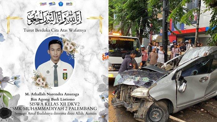 Muhammad Athallah Narendra Anuraga (19) siswa kelas 12 DKV2 SMK Muhammadiyah 2 Palembang tewas dalam kecelakaan tunggal mobil avanza di Jalan A Yani Plaju, Palembang, Jumat (8/3/2024).