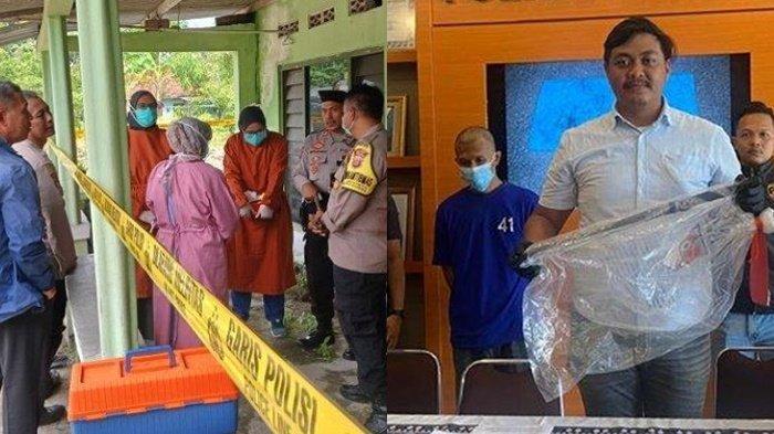 SUAMI BUNUH ISTRI- (Kiri) polisi dan masyarakat di rumah kejadian suami bunuh istri di Karangjati, Kalurahan Tamantirto, Kapanewon Kasihan, Kabupaten Bantul, DI Yogyakarta, Selasa (4/2/2025). (kanan) Polisi menunjukkan barang bukti dan hadirkan pelaku kasus pembunuhan di Kasihan, Bantul, saat jumpa pers ungkap beberapa kasus di Lobby Polres Bantul, Selasa (11/2/2025). Suami berinisial AP(39) tega membunuh istrinya sendiri, W(33) setelah keduanya terlibat cekcok di Bantul, Yogyakarta, sempat tidur dengan jasad korban