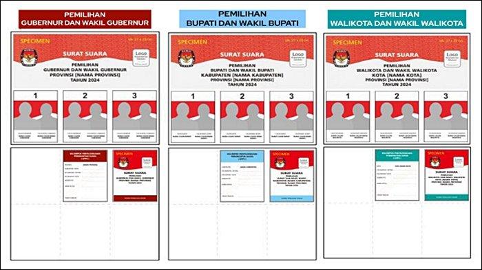 Surat Suara Pilkada 2024 Berdasarkan Warna. Merah marun untuk Pemilihan Gubernur/Wagub, biru muda untuk Pemilihan Bupati/Wabup dan hijau tosca untuk Pemilihan Walikota/Wawako.
