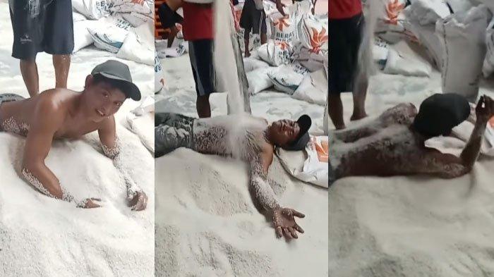 Viral Video Pria Santai Bermandikan Beras Bulog, Tersenyum Senang Berguling Hingga Dihujat Netizen