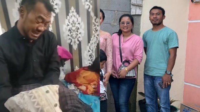 KORBAN PERAMPOKAN- Wadison yang baru keluar dari rumah sakit hanya bisa menangis saat duduk di samping jasad istrinya, Petry Sihombing (35) sudah terbujur kaku di rumah