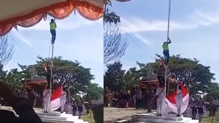 anggota kepolisian Bripka Suparno tengah mamanjat tiang bendera memperbaiki tali putus