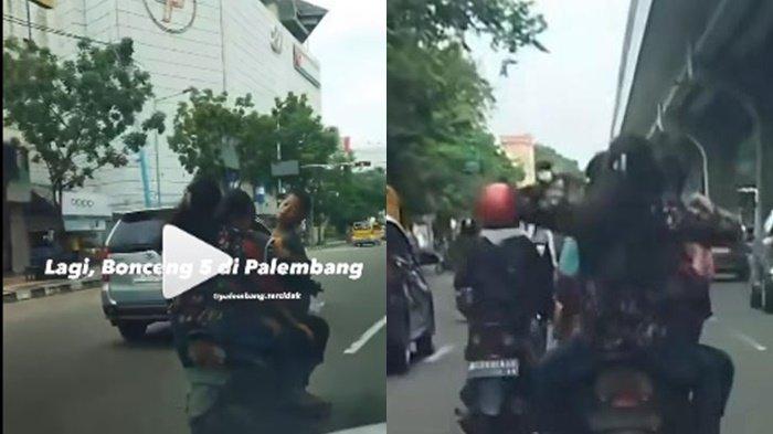 Viral pengendara sepeda motor bonceng lima di Jalan Jenderal Sudirman Palembang, Selasa (6/2/2024)