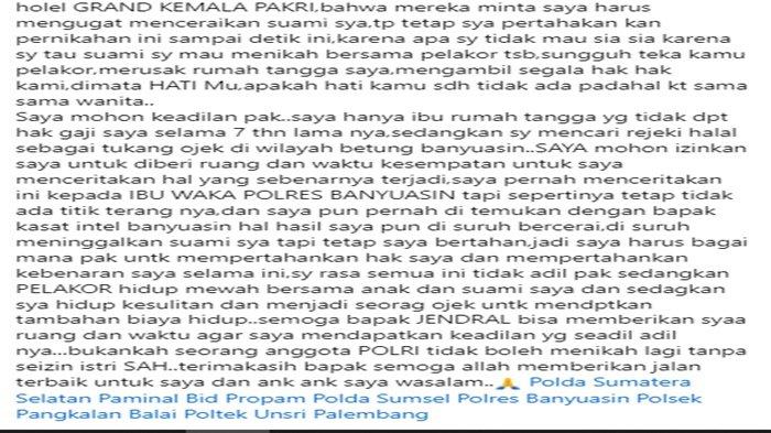 Curhat istri Kapolsek Pangkalan Balai Banyuasin ngaku ditelantarkan suami.