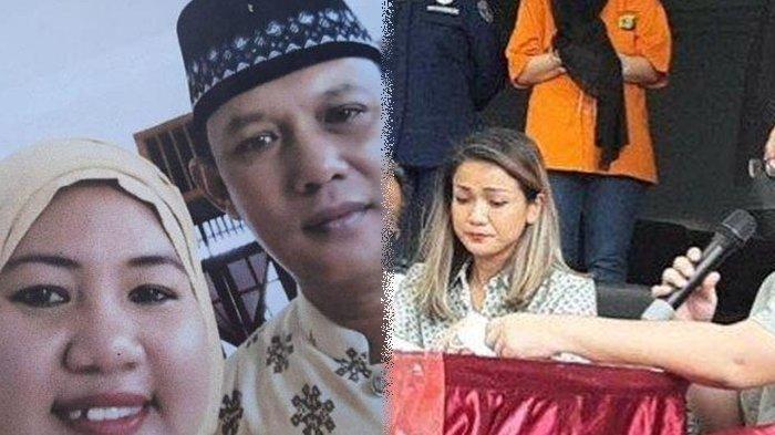 Jumpa pers kasus mafia tanah di Polda Metro Jaya, Kamis (18/11/2021), yang menjerat Nirina dengan menghadirkan ketiga tersangka (kanan). Mantan ART Nirina, Riri Khasmita, mengenakan jilbab hitam panjang dan wajahnya ditutup masker putih.
