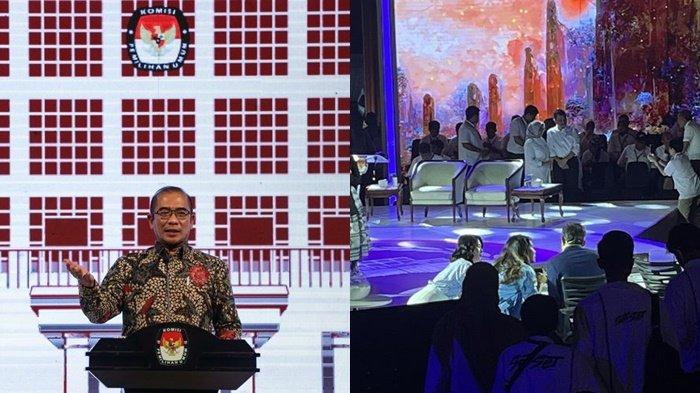 Ketua KPU RI Hasyim Asy'ari (kiri) dan momen Grace Natalie-Isyana Bagoes Oka saat mendatangi moderator debat capres 2024 saat jeda iklan