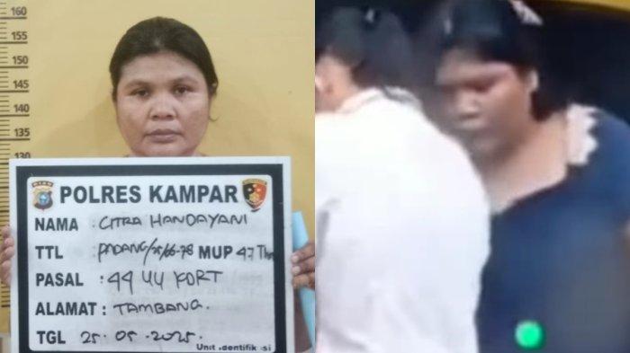 TANTE ANIAYA KEPONAKAN DI RIAU - (kiri) Citra Hadayani (48), tersangka penganiayaan terhadap keponakannya, saat ditahan di Polres Kampar, Riau, Senin (26/5/2025). (kanan) detik-detik korban dianiaya sang tante.