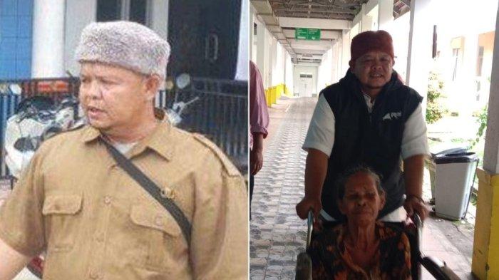 KADES JAMINKAN STNK - (kiri) Jaro Midun saat memperlihatkan mobil yang STNK-nya dijaminkan, Senin (26/5/2025). (kanan) Heri Suryana alias Jaro Midun, Kepala Desa Cikahuripan, Kecamatan Cisolok, Kabupaten Sukabumi, saat mendorong kursi roda warganya yang sakit dan ia biayai dengan menjaminkan STNK mobil kepada pihak RSUD Palabuhanratu.