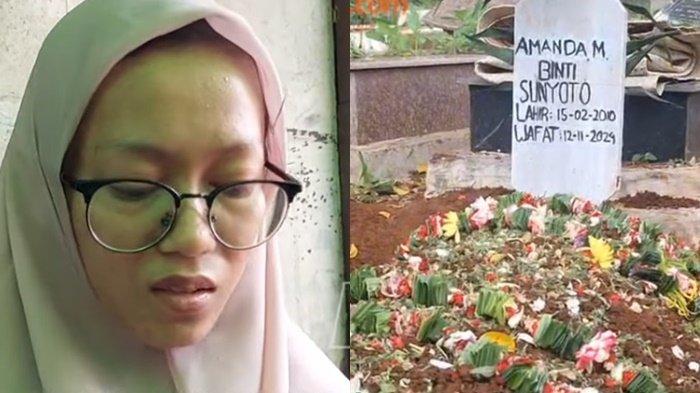 Sonia Aprilia(22) kakak kandung Amanda Marisa (13) , (kanan) makam Amanda Marisa korban tewas kecelakaan beruntun. Sonia sempat melarang adiknya ikut berangkat ke Bandung sebelum tewas kecelakaan di Tol Cipularang KM 9