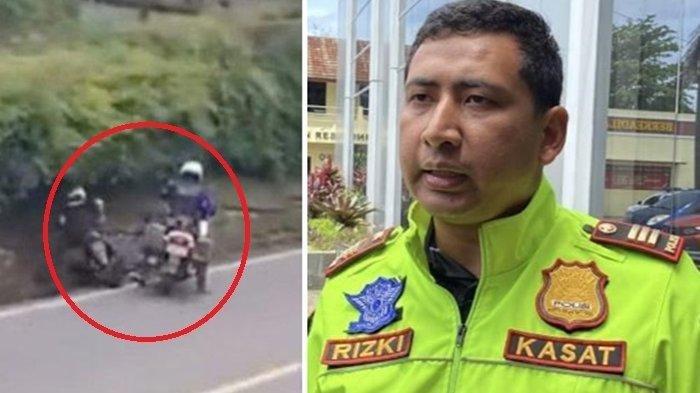 PATWAL AROGAN -- (kiri) Tangkapan layar video aksi seorang petugas patwal diduga tendang pengendara motor hingga terjatuh ke selokan di Puncak Bogor, beredar viral di media sosial, Jumat (14/3/2025) // (kanan) Kasat Lantas Polres Bogor AKP Rizky Guntama saat dijumpai di Mako Polres Bogor, Sabtu (15/3/2025). Anggota Patwal yang diduga menendang seorang pengendara motor sudah dicopot dari jabatannya.