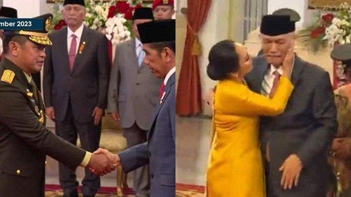 Menteri Koordinator Bidang Kemaritiman dan Investasi Luhut Binsar Pandjaitan terlihat menangis usai pelantikan Maruli Simanjuntak menjadi KSAD di Istana Negara, Jakarta Pusat, Rabu (29/11/2023).