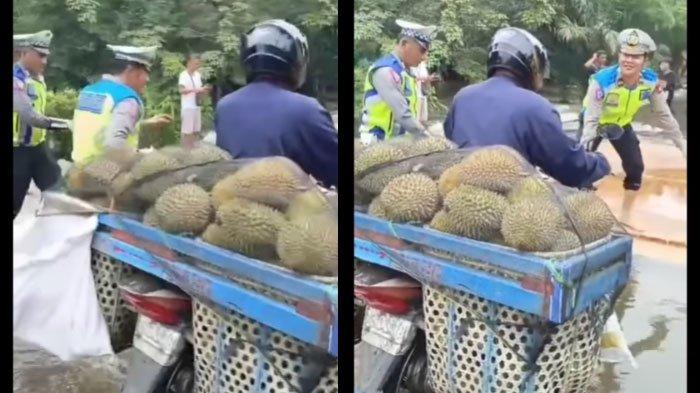 pemotor takut buah durian bawaannya dipinta oleh polisi di jalan