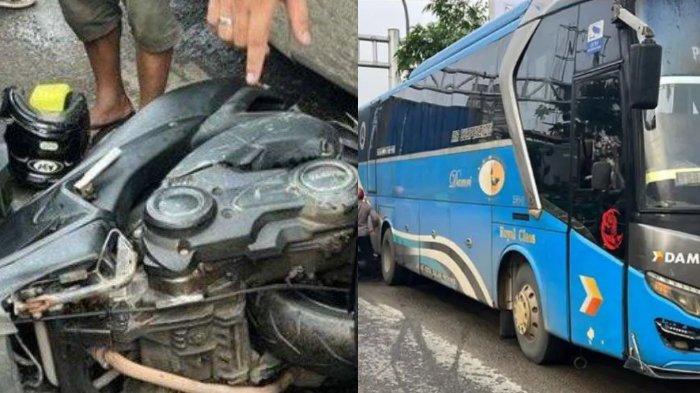 polisi lalu lintas rela mengorbankan kendaraan pribadinya untuk mengganjal Bus yang mogok
