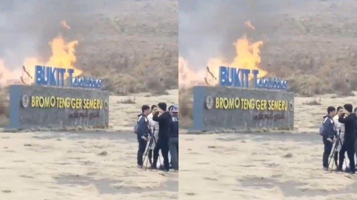 Tangkapan layar video viral yang memperlihatkan adanya aktivitas pemotretan dengan latar belakang kebakaran di Bukit Teletubbies.